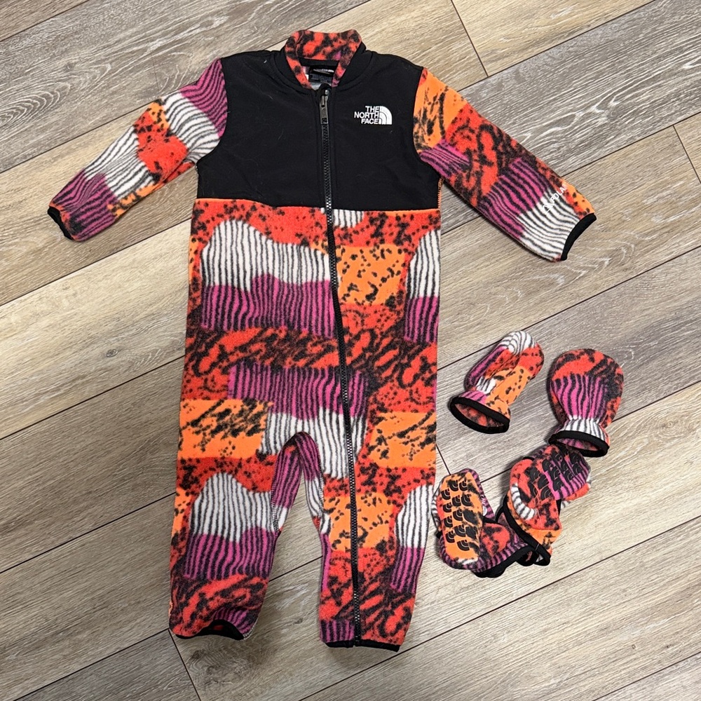 The North Face Kids Orange, Pink & Black Patterned Fleece One-Piece with Mittens